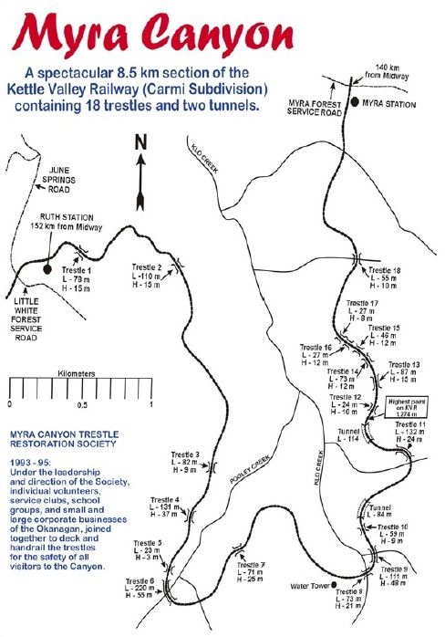 map of the Myra Canyon portion of the KVR Trail