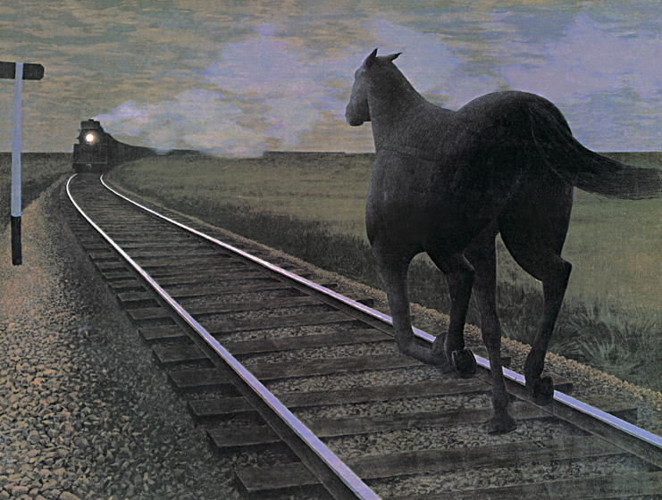 A horse runs on railroad tracks towards an oncoming train.